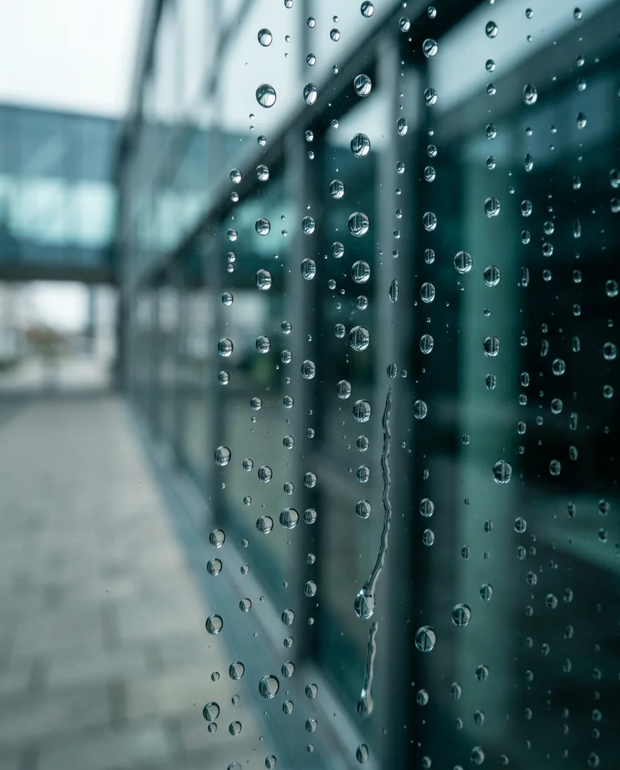 Wassertropfen an Glasfassade — Detail-Aufnahme